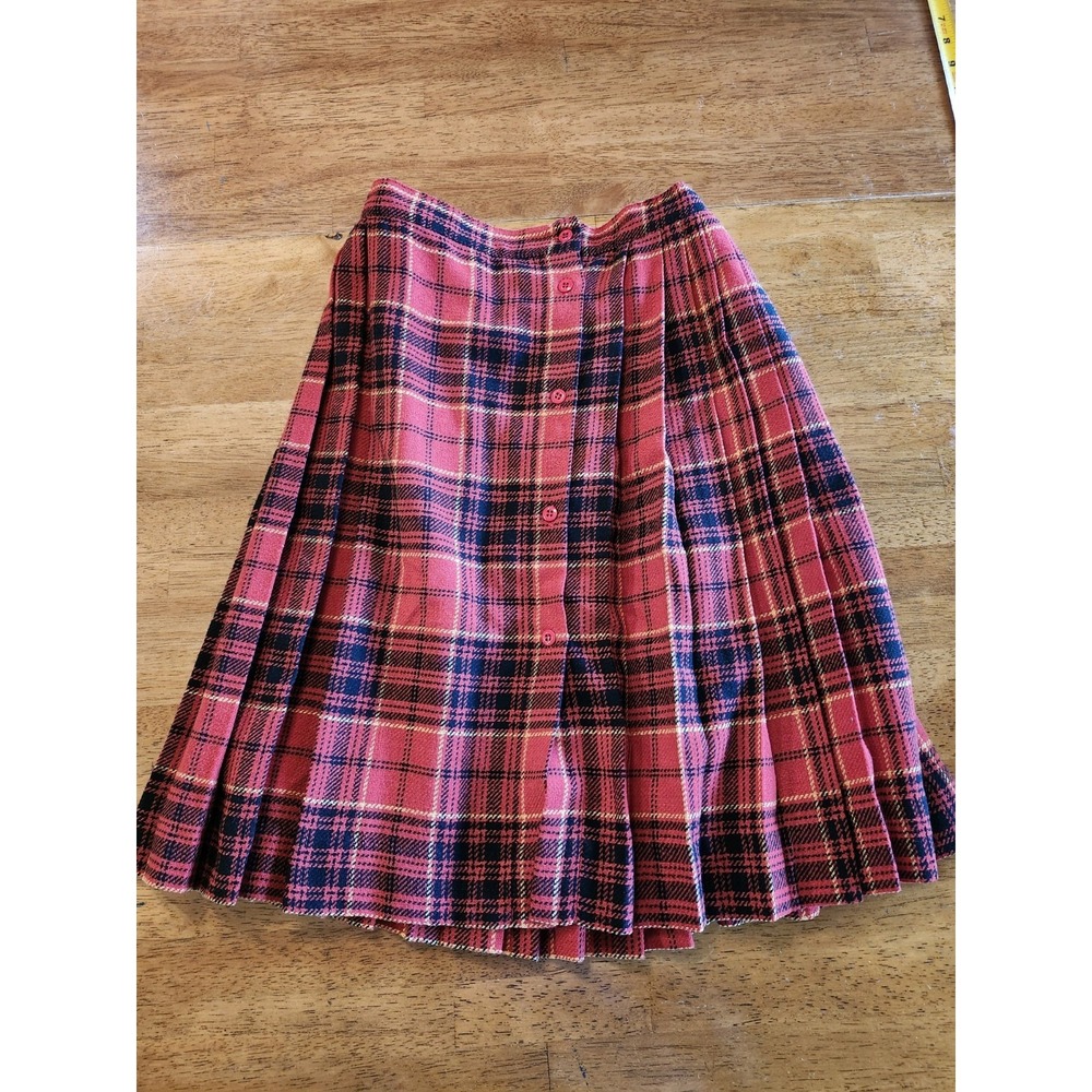 XXS VINTAGE Plaid Pleated Skirt Red 24" Waist Bebe De France Buttons